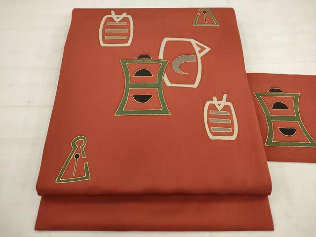 平和屋着物●塩瀬 九寸名古屋帯 抽象文様 金彩 正絹 逸品 AABK6877pf