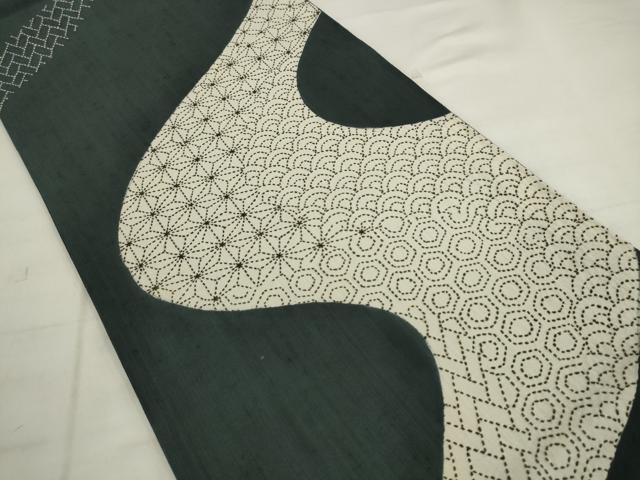 平和屋着物●六通柄袋帯 刺し子 総刺繍 紬地 流水吉祥文 正絹 逸品 AABK6880pf