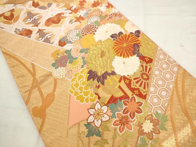 平和屋着物●西陣 とみや織物謹製 とみや帯 六通柄袋帯 唐織 末廣花車文 金銀糸 証紙付き 正絹 逸品 AABK6895pf