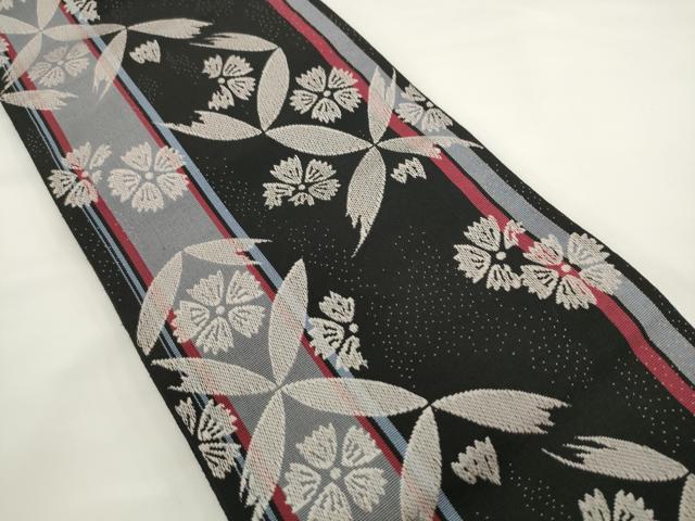 平和屋着物●本場筑前博多織 半幅帯 舞花文 黒地 証紙付き 正絹 逸品 AABK6915pf