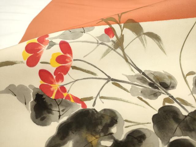 平和屋着物●京友禅作家 山科春宣 塩瀬 九寸名古屋帯 手描き 草花文 正絹 逸品 AABK6991pf