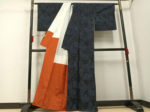平和屋着物●結城紬 80亀甲 葡萄蔦の葉文 正絹 逸品 未使用 AABK7017ph