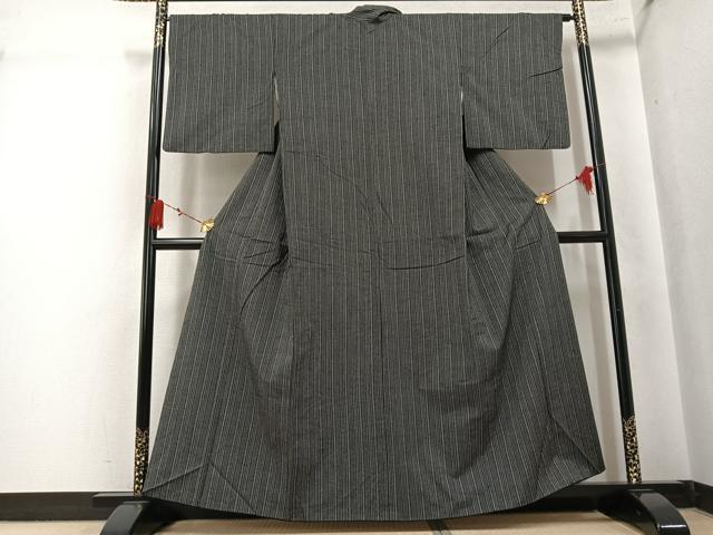 平和屋着物●上質な紬 縞 黒地 正絹 逸品 AABK7022ph