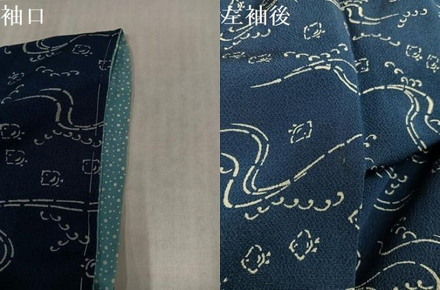 平和屋着物●上質な小紋 藍 型染め 千鳥 鬼しぼ縮緬 正絹 逸品 AABK7027ph