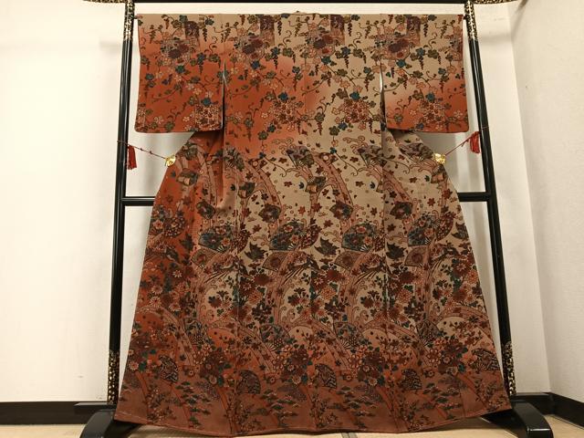 平和屋着物●訪問着 扇面鳳凰花宝尽くし 暈し染め 鬼しぼ縮緬 正絹 逸品 未使用 AABK7028ph