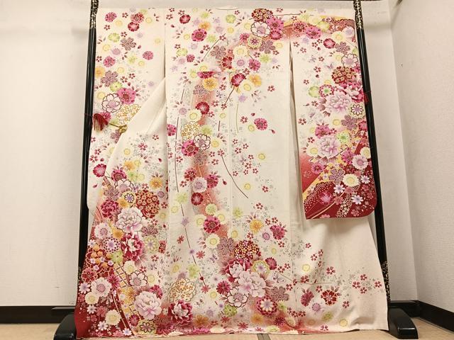 平和屋着物●豪華振袖 刺繍 花蝶文 銀彩 銀通し地 ロング丈 正絹 逸品 AABK7059ph