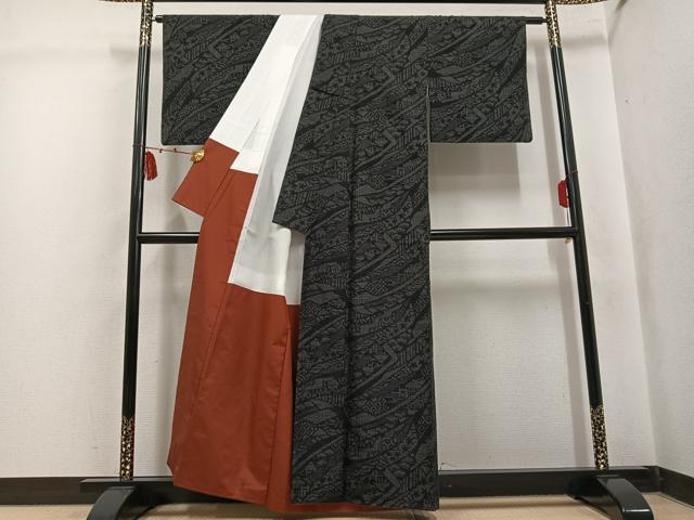 平和屋着物●結城玉紬 80亀甲 風景文 結織苑 証紙付き 正絹 逸品 AABK7074ph