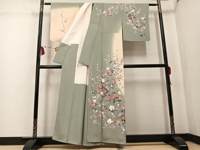 平和屋着物●訪問着 友禅 作家物 枝花文 暈し染め 正絹 逸品 未使用 AABK7075ph