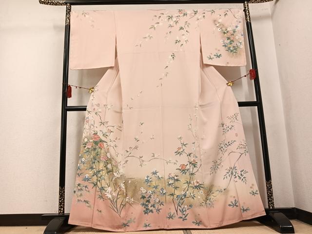 平和屋着物●十日町友禅作家 松雨 訪問着 枝花文 暈し染め 金彩 正絹 逸品 未使用 AABK7090ph