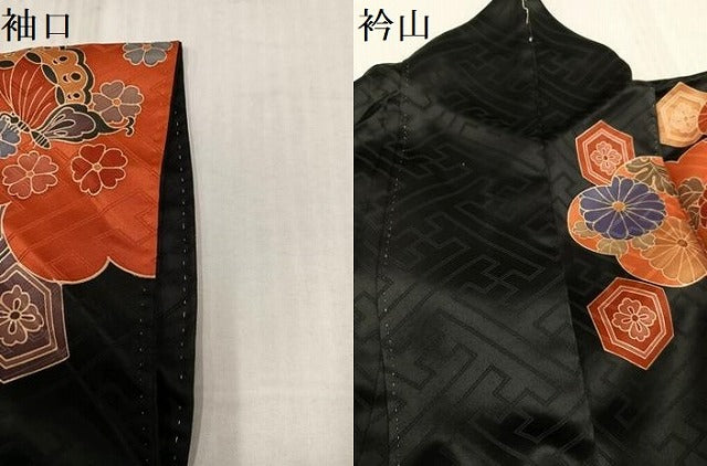 平和屋着物●豪華振袖 駒刺繍 花蝶文 黒地 金彩 正絹 逸品 AABK7091ph