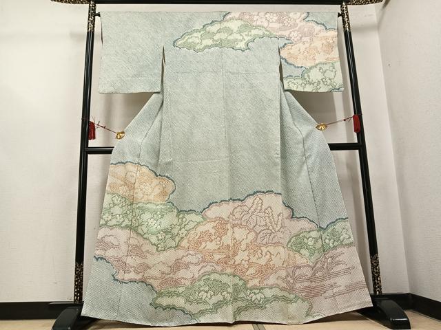平和屋着物●訪問着 総絞り 雲重ね草花文 正絹 逸品 AABK7116ph