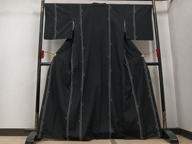 平和屋着物●本塩沢 笹竹文 黒地 正絹 逸品 未使用 AABK7148ph