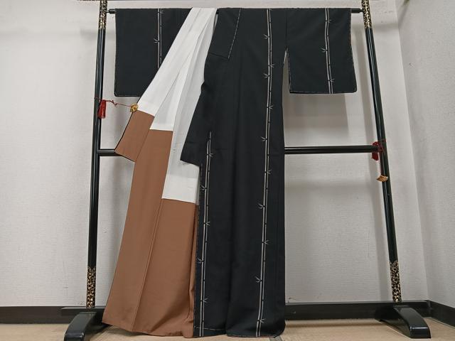 平和屋着物●本塩沢 笹竹文 黒地 正絹 逸品 未使用 AABK7148ph