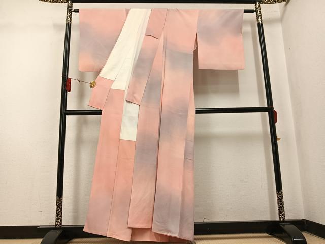 平和屋着物●染色作家 斉藤三才 小紋 霞文 暈し染め 反端付き 正絹 逸品 AABK7157ph