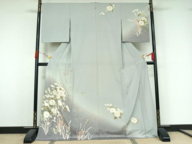 平和屋着物▽訪問着 単衣 中国三大刺繍 相良刺繍 友禅 草花文 暈し染め 金彩 ロング丈 正絹 逸品 AABK7177jh