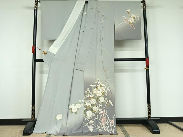 平和屋着物▽訪問着 単衣 中国三大刺繍 相良刺繍 友禅 草花文 暈し染め 金彩 ロング丈 正絹 逸品 AABK7177jh