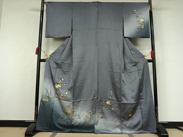 平和屋着物▽訪問着 単衣 草花文 暈し染め 金銀彩 正絹 逸品 AABK7182jh