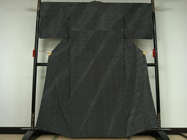 平和屋着物▽上質な小紋 単衣 笹竹花文 黒地 正絹 逸品 AABK7193jh