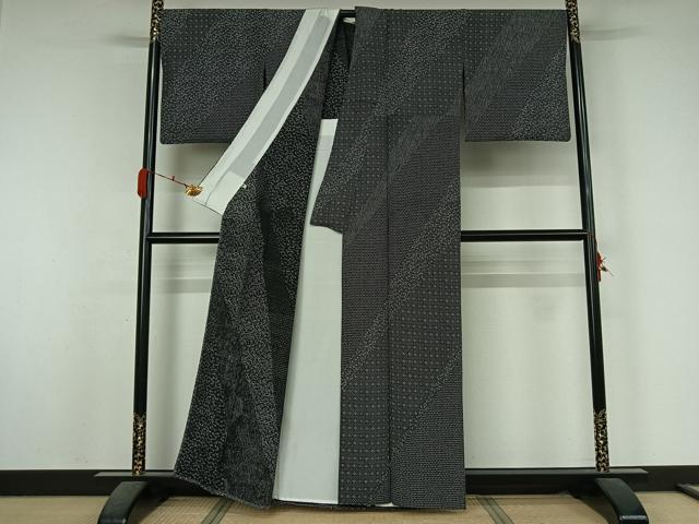 平和屋着物▽上質な小紋 単衣 笹竹花文 黒地 正絹 逸品 AABK7193jh