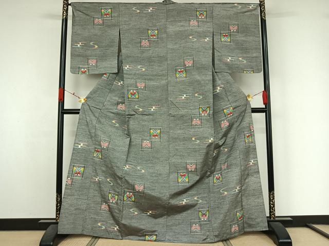 平和屋着物▽上質な紬 単衣 舞蝶文 正絹 逸品 AABK7197jh