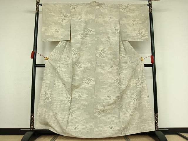 平和屋着物▽上質な紬 単衣 雲取り花文 正絹 逸品 AABK7206jh