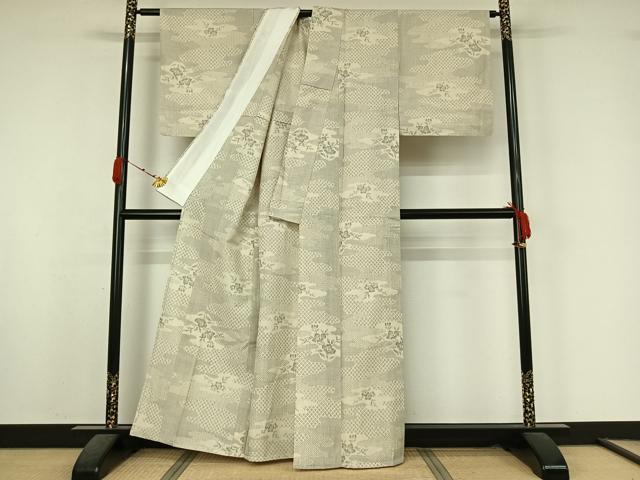 平和屋着物▽上質な紬 単衣 雲取り花文 正絹 逸品 AABK7206jh