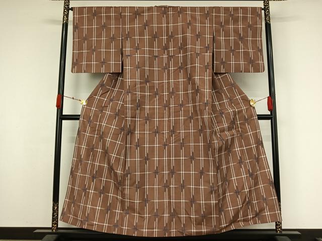平和屋着物▽上質な紬 単衣 格子 正絹 逸品 AABK7209jh