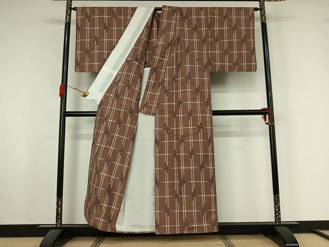 平和屋着物▽上質な紬 単衣 格子 正絹 逸品 AABK7209jh