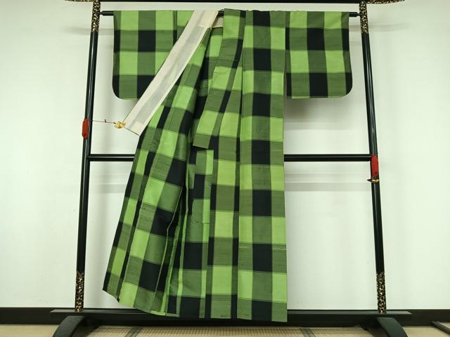 平和屋着物▽上質な紬 単衣 格子 正絹 逸品 AABK7214jh