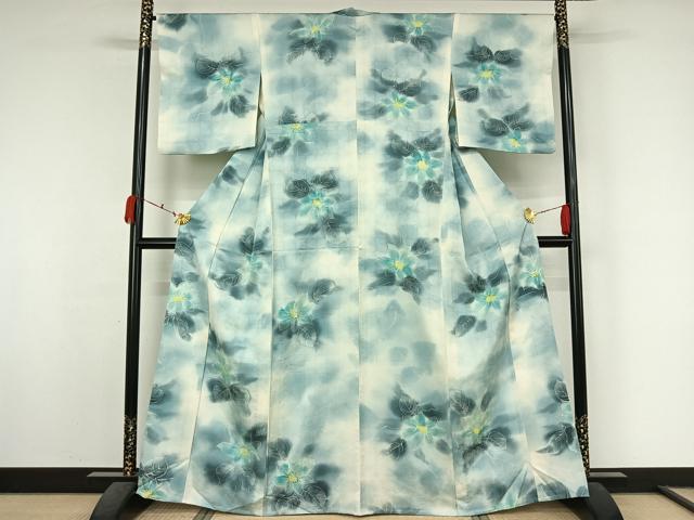 平和屋着物▽上質な小紋 単衣 草花文 暈し染め 正絹 逸品 AABK7217jh