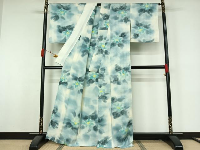 平和屋着物▽上質な小紋 単衣 草花文 暈し染め 正絹 逸品 AABK7217jh