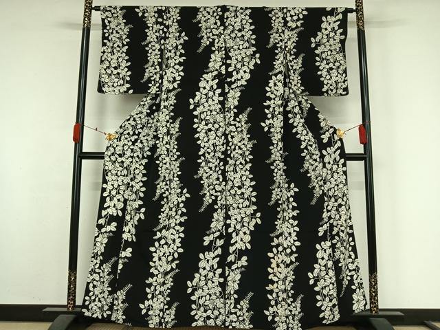 平和屋着物▽上質な小紋 単衣 草花文 黒地 正絹 逸品 AABK7224jh