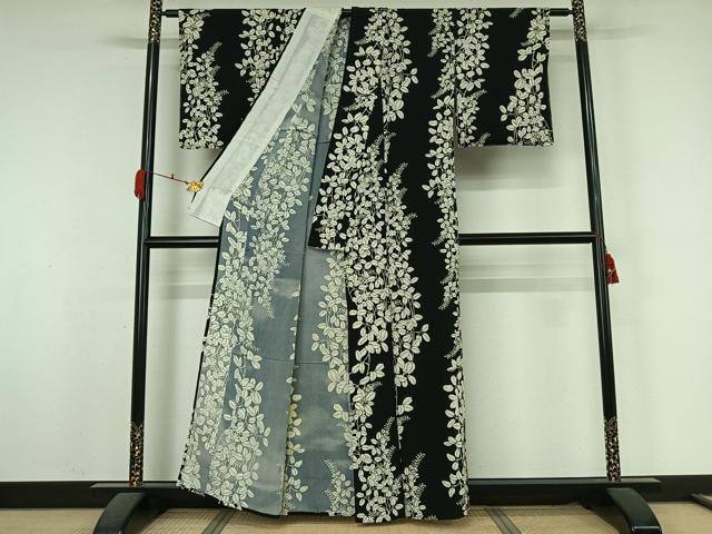 平和屋着物▽上質な小紋 単衣 草花文 黒地 正絹 逸品 AABK7224jh