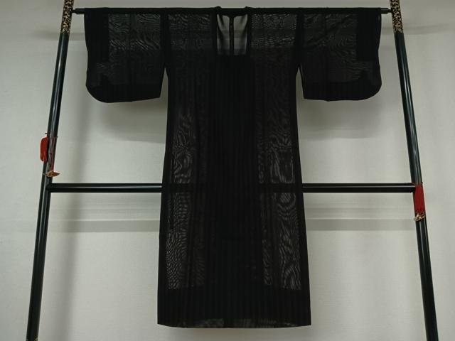 平和屋着物▽道行コート スリーシーズン 春夏秋 塵除け 縞 黒地 銀通し地 ロング丈 正絹 逸品 AABK7285jh