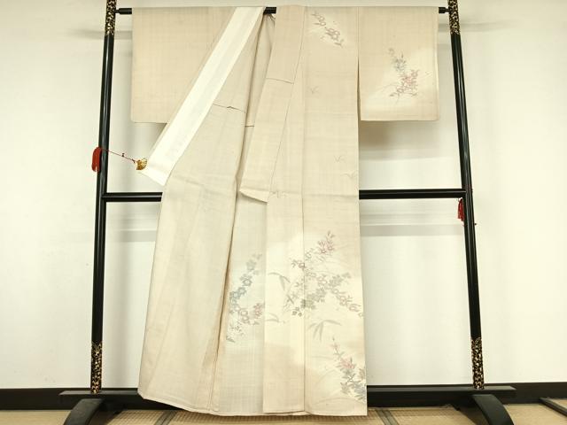 平和屋着物▽訪問着 単衣 生紬地 手描き 花籬文 正絹 逸品 AABK7292jh