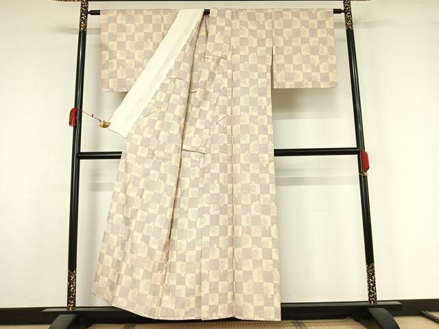 平和屋着物▽上質な紬 単衣 市松花文 正絹 逸品 AABK7293jh