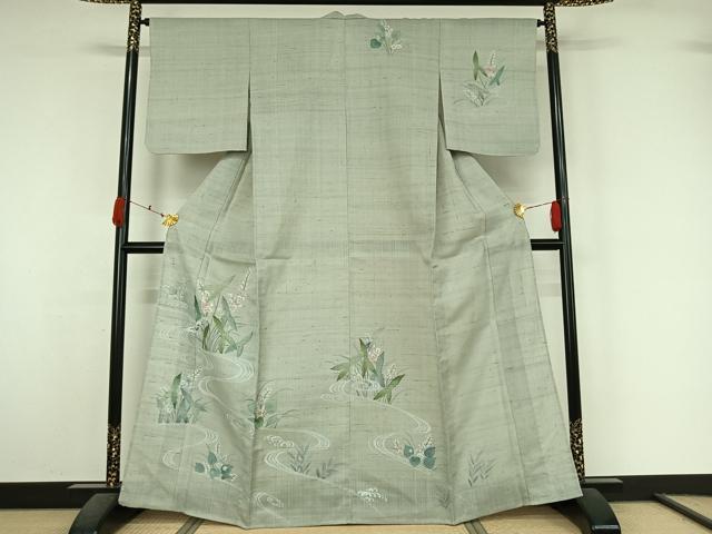 平和屋着物▽訪問着 単衣 生紬地 流水花文 正絹 逸品 AABK7296jh