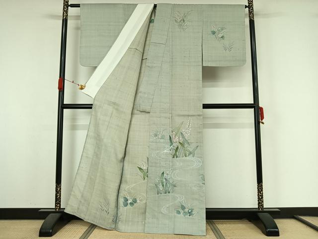 平和屋着物▽訪問着 単衣 生紬地 流水花文 正絹 逸品 AABK7296jh