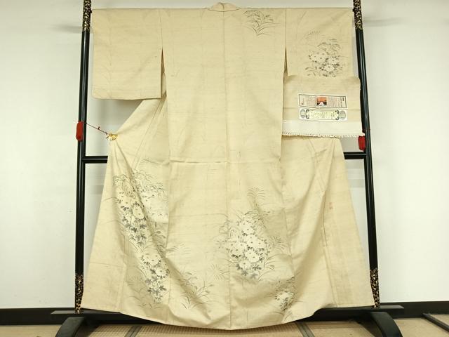 平和屋着物▽本場真綿絢結城生紬 訪問着 単衣 紬地 作家物 手描き 草花文 証紙付き 正絹 逸品 AABK7313jh