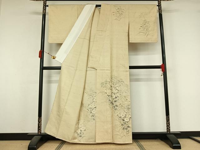 平和屋着物▽本場真綿絢結城生紬 訪問着 単衣 紬地 作家物 手描き 草花文 証紙付き 正絹 逸品 AABK7313jh