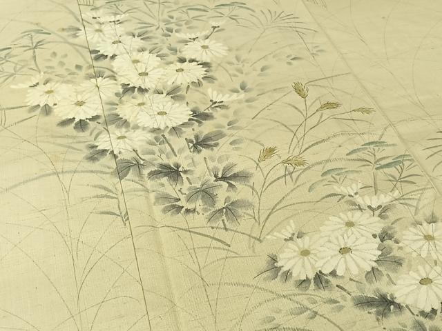 平和屋着物▽本場真綿絢結城生紬 訪問着 単衣 紬地 作家物 手描き 草花文 証紙付き 正絹 逸品 AABK7313jh