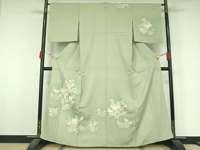 平和屋着物▽訪問着 単衣 紬地 刺繍 草花文 金糸 正絹 逸品 AABK7314jh