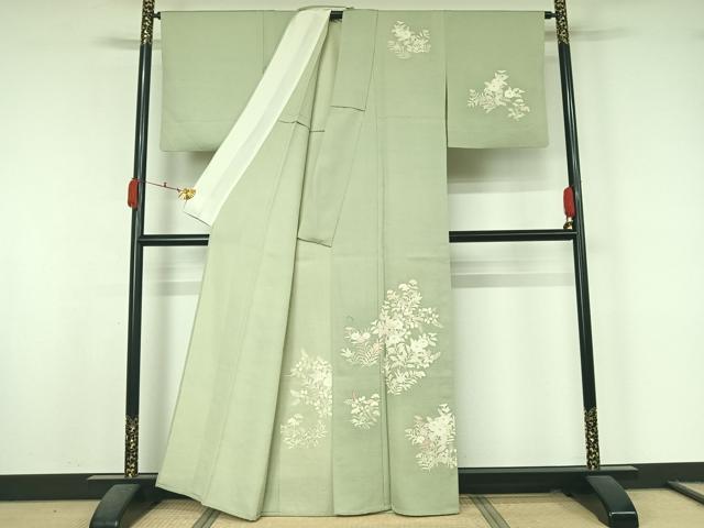 平和屋着物▽訪問着 単衣 紬地 刺繍 草花文 金糸 正絹 逸品 AABK7314jh
