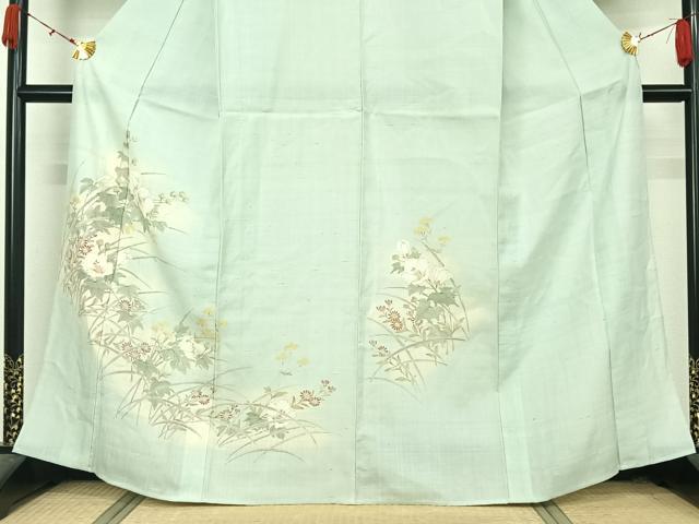 平和屋着物▽生紬 訪問着 単衣 手描き 草花文 正絹 逸品 AABK7317jh