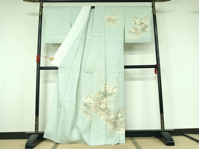 平和屋着物▽生紬 訪問着 単衣 手描き 草花文 正絹 逸品 AABK7317jh