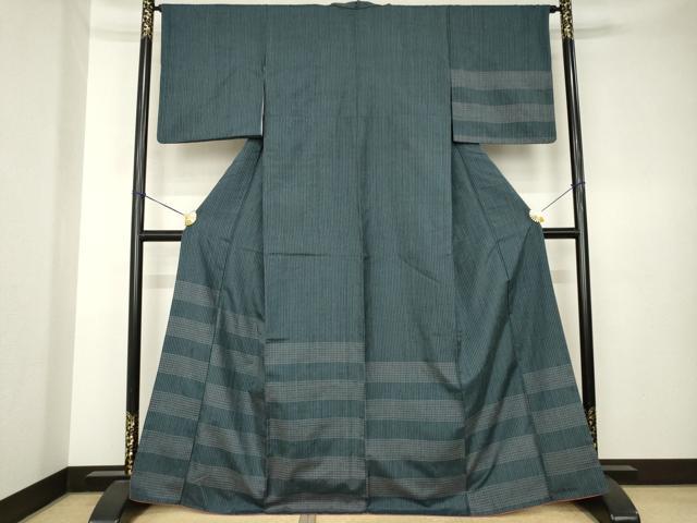 平和屋着物●紬 訪問着 縞 格子 正絹 逸品 AABK7326ck