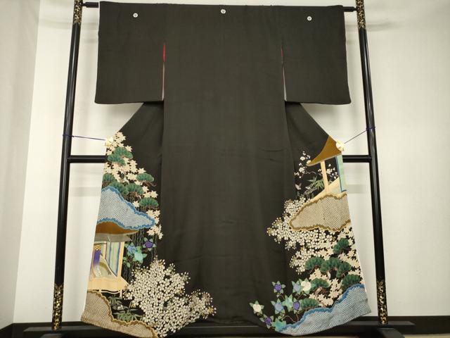 平和屋着物●アンティーク 大正ロマン 黒留袖 刺繍 両褄 風景文 正絹 逸品 AABK7349ck