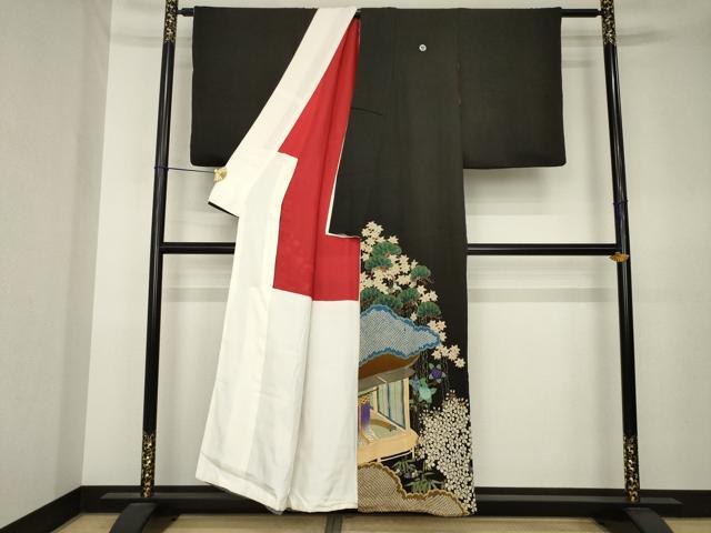 平和屋着物●アンティーク 大正ロマン 黒留袖 刺繍 両褄 風景文 正絹 逸品 AABK7349ck
