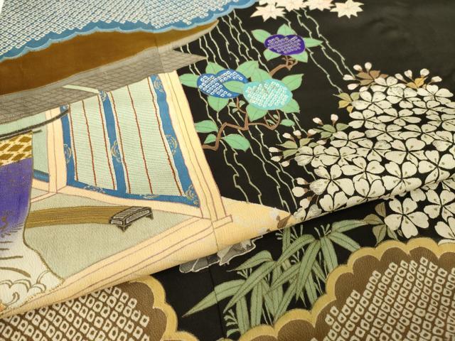 平和屋着物●アンティーク 大正ロマン 黒留袖 刺繍 両褄 風景文 正絹 逸品 AABK7349ck