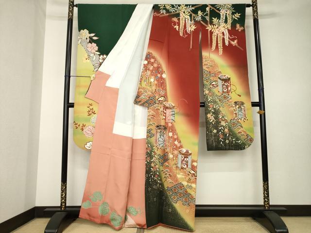 平和屋着物●豪華振袖 貝桶花文 暈し染め 金彩 正絹 逸品 AABK7352ck